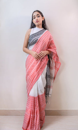 Piyari Fashion Handloom White Cotton Begampuri Saree