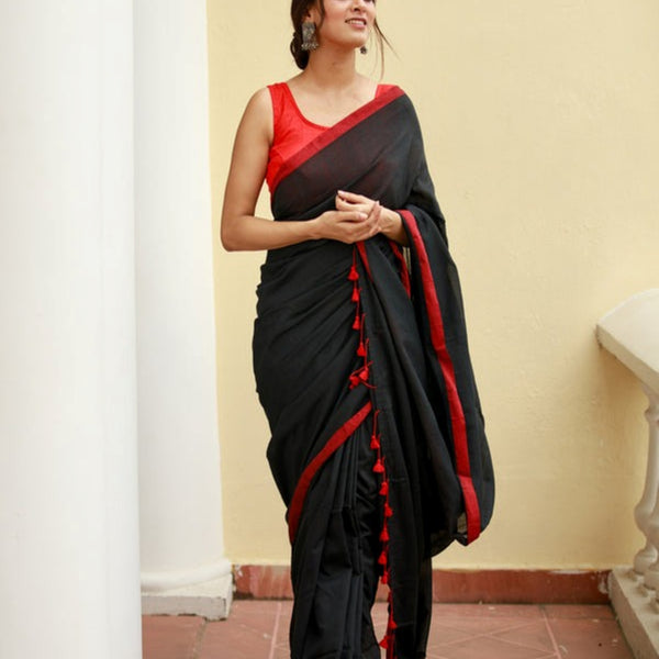 Piyari Fashion Handloom Black Cotton Saree