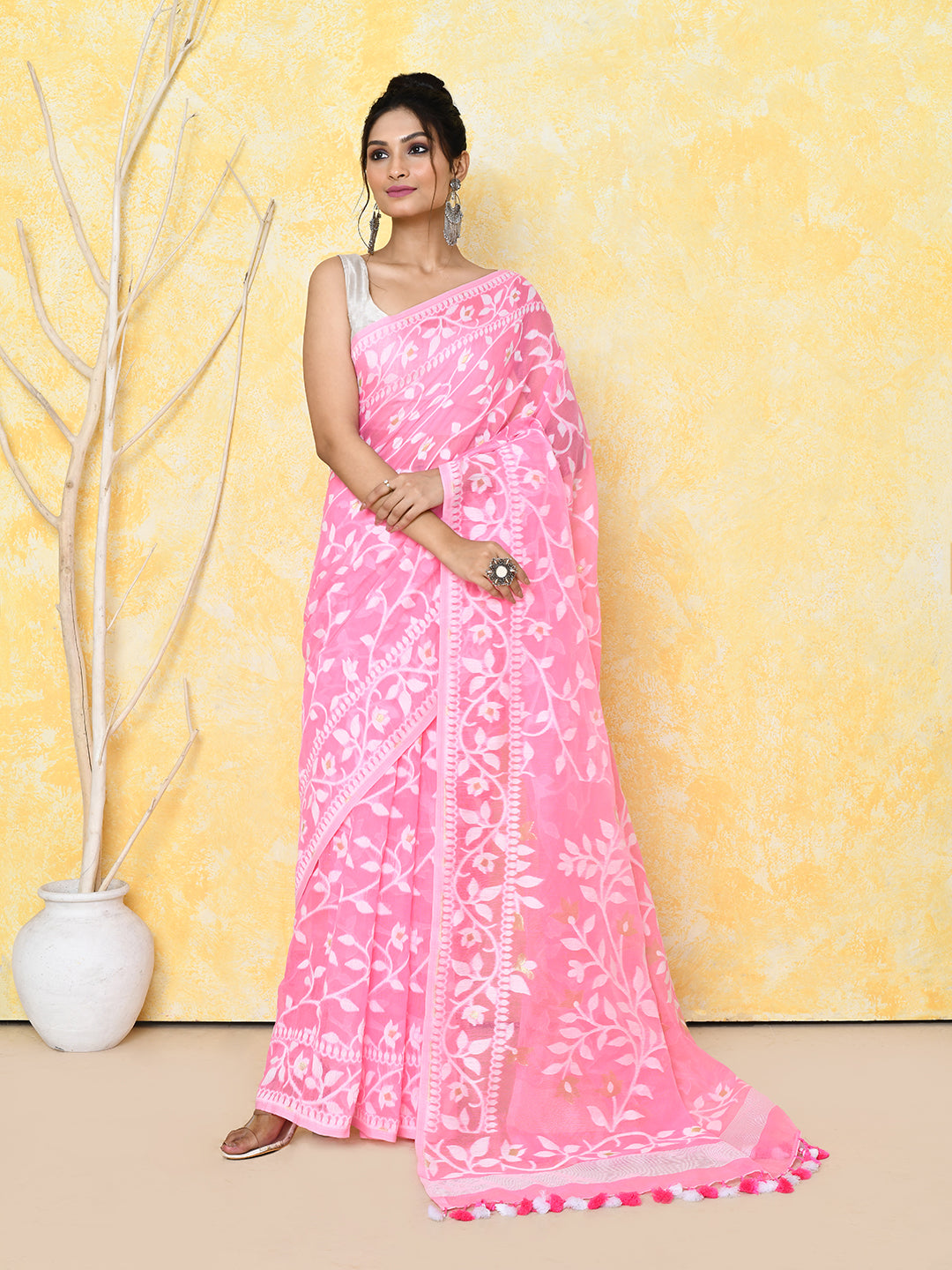 Piyari Fashion Women's Pink Cotton Silk Jamdani Saree