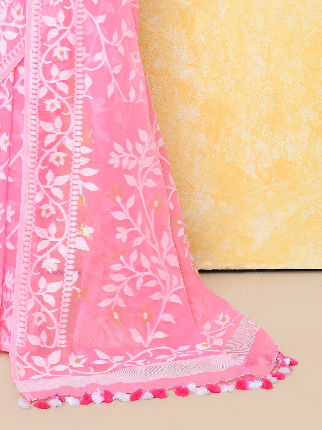 Piyari Fashion Women's Pink Cotton Silk Jamdani Saree