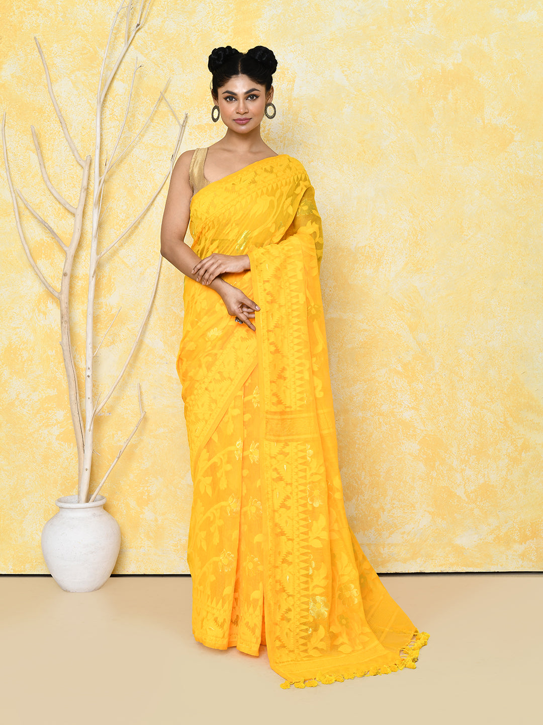Piyari Fashion Women's Yellow Cotton Silk Jamdani Saree