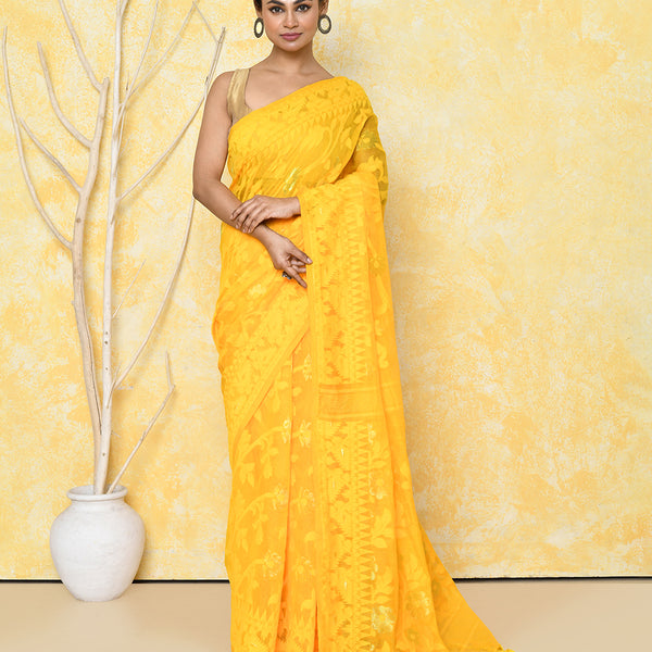 Piyari Fashion Women's Yellow Cotton Silk Jamdani Saree