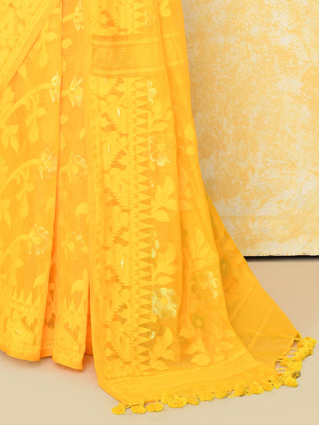 Piyari Fashion Women's Yellow Cotton Silk Jamdani Saree