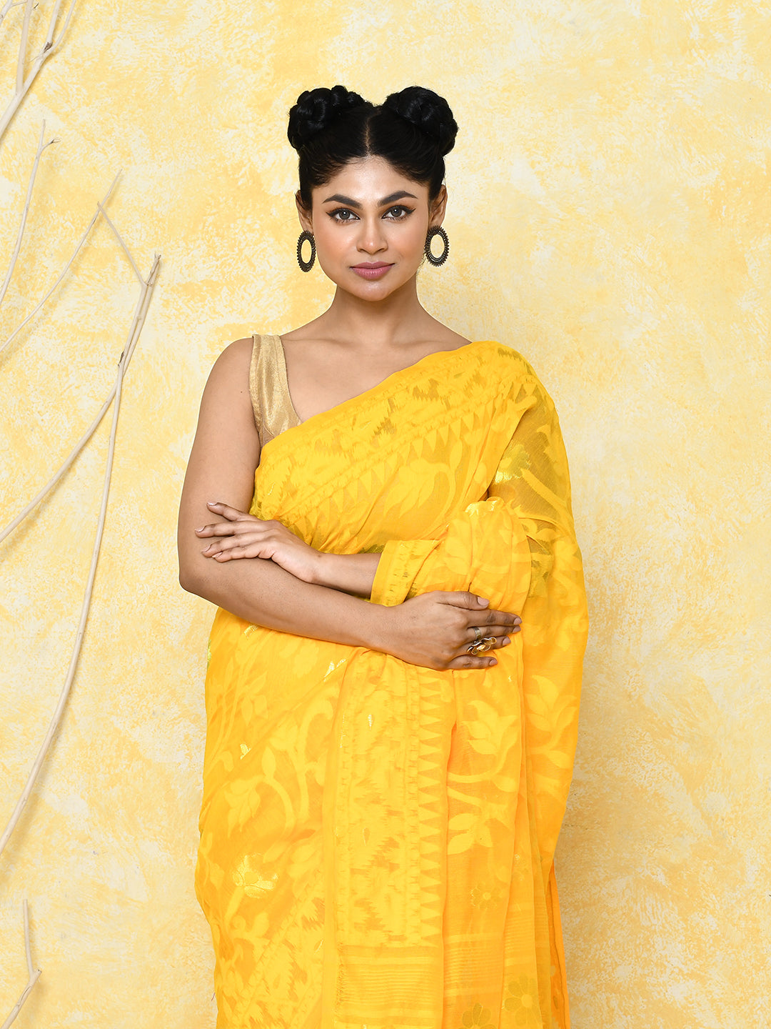 Piyari Fashion Women's Yellow Cotton Silk Jamdani Saree