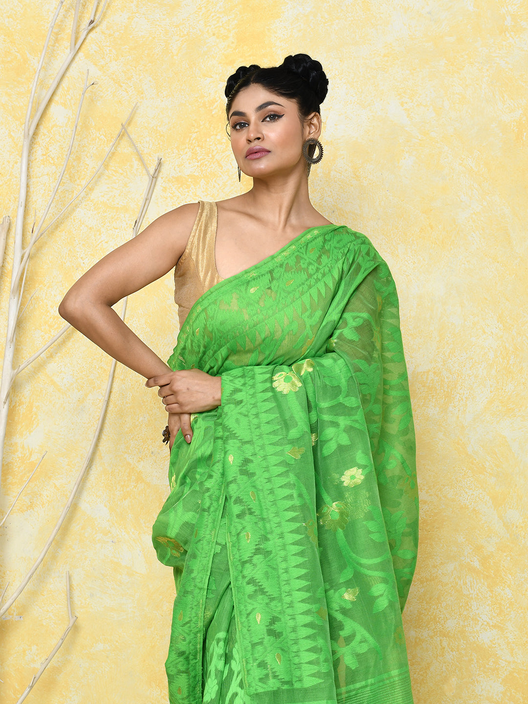 Piyari Fashion Women's Green Cotton Silk Jamdani Saree