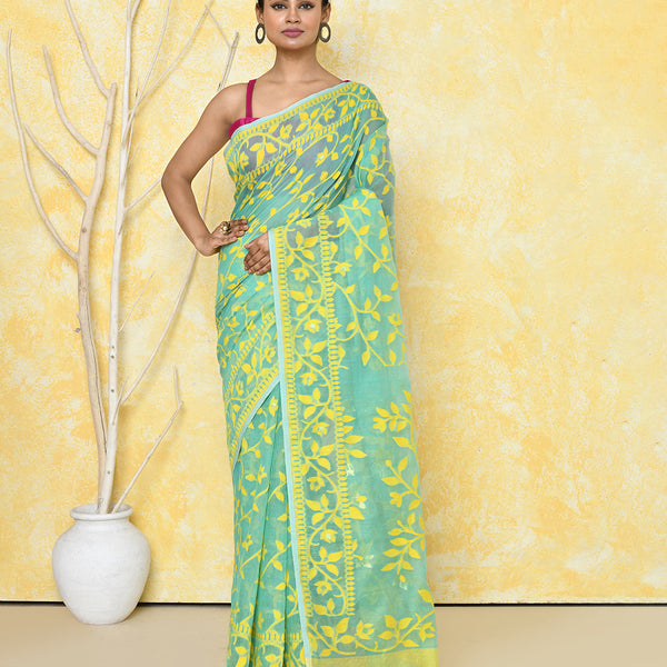 Piyari Fashion Women's Light Turquoise Cotton Silk Jamdani Saree