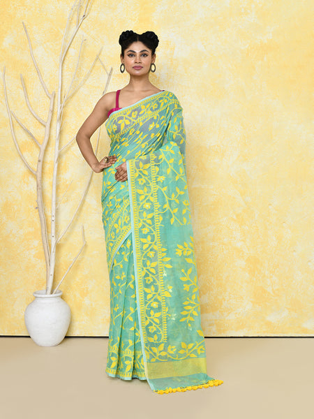Piyari Fashion Women's Light Turquoise Cotton Silk Jamdani Saree