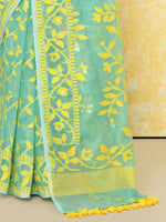 Thumbnail for Piyari Fashion Women's Light Turquoise Cotton Silk Jamdani Saree