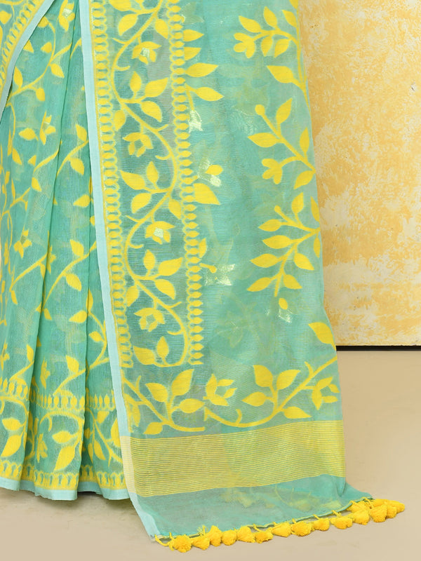 Piyari Fashion Women's Light Turquoise Cotton Silk Jamdani Saree