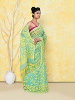 Thumbnail for Piyari Fashion Women's Light Turquoise Cotton Silk Jamdani Saree