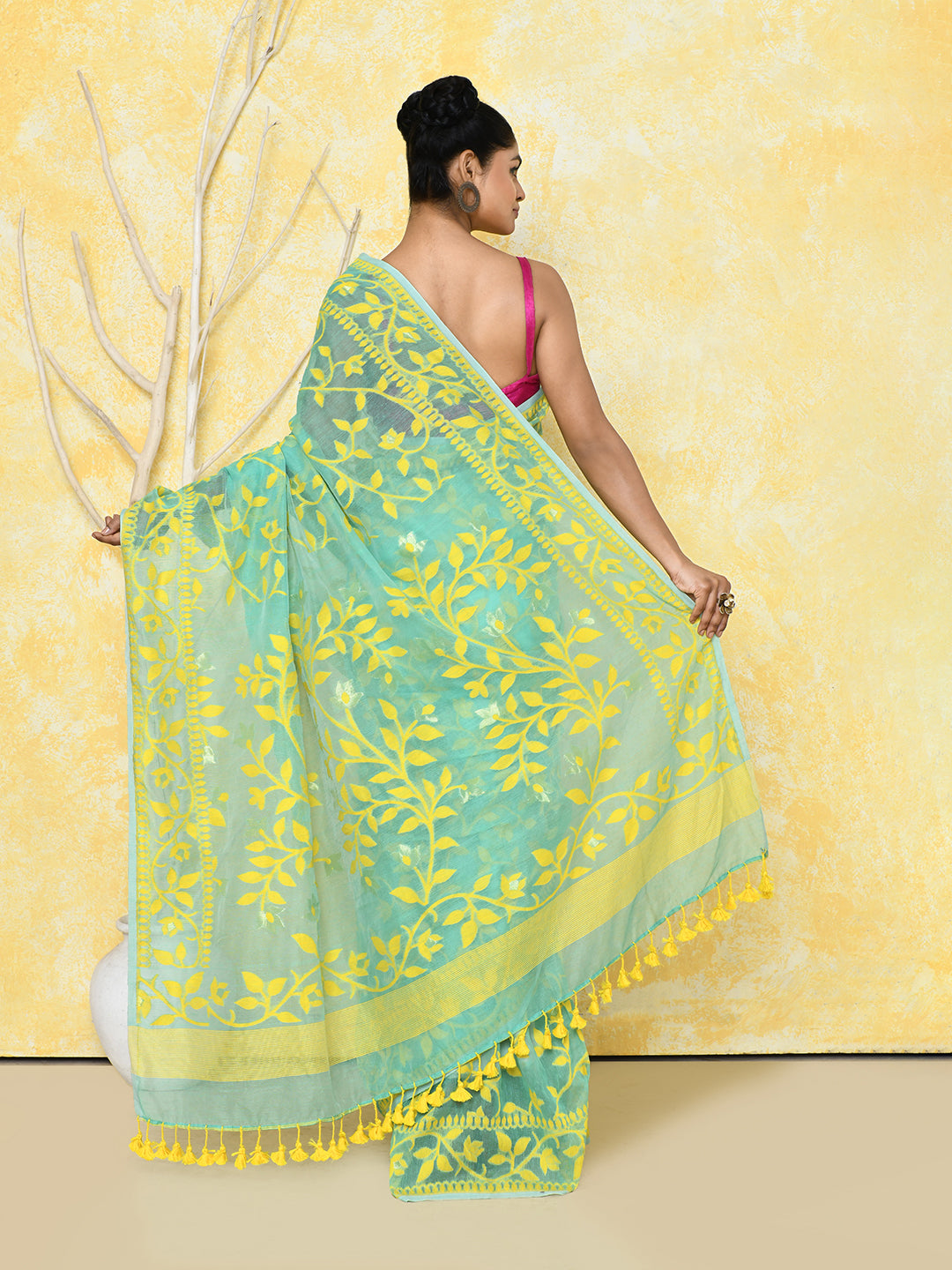 Piyari Fashion Women's Light Turquoise Cotton Silk Jamdani Saree