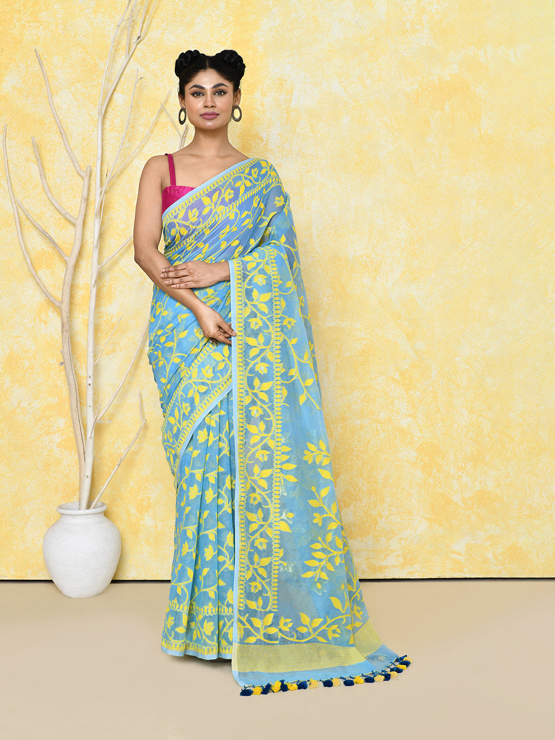 Piyari Fashion Women's Sky Blue Cotton Silk Jamdani Saree