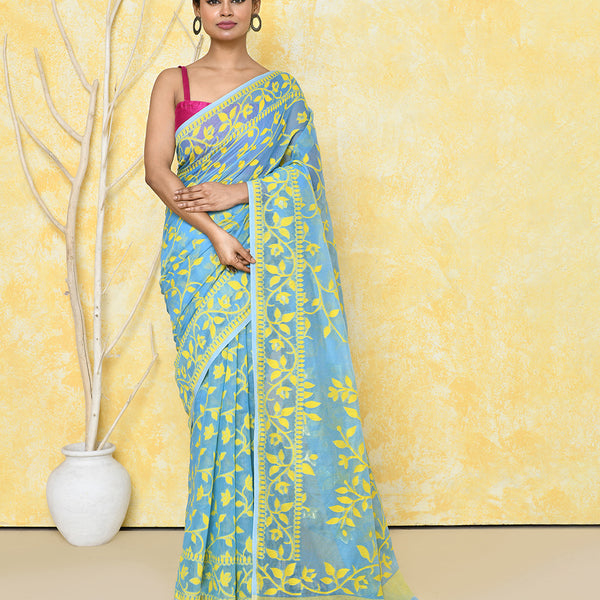 Piyari Fashion Women's Sky Blue Cotton Silk Jamdani Saree