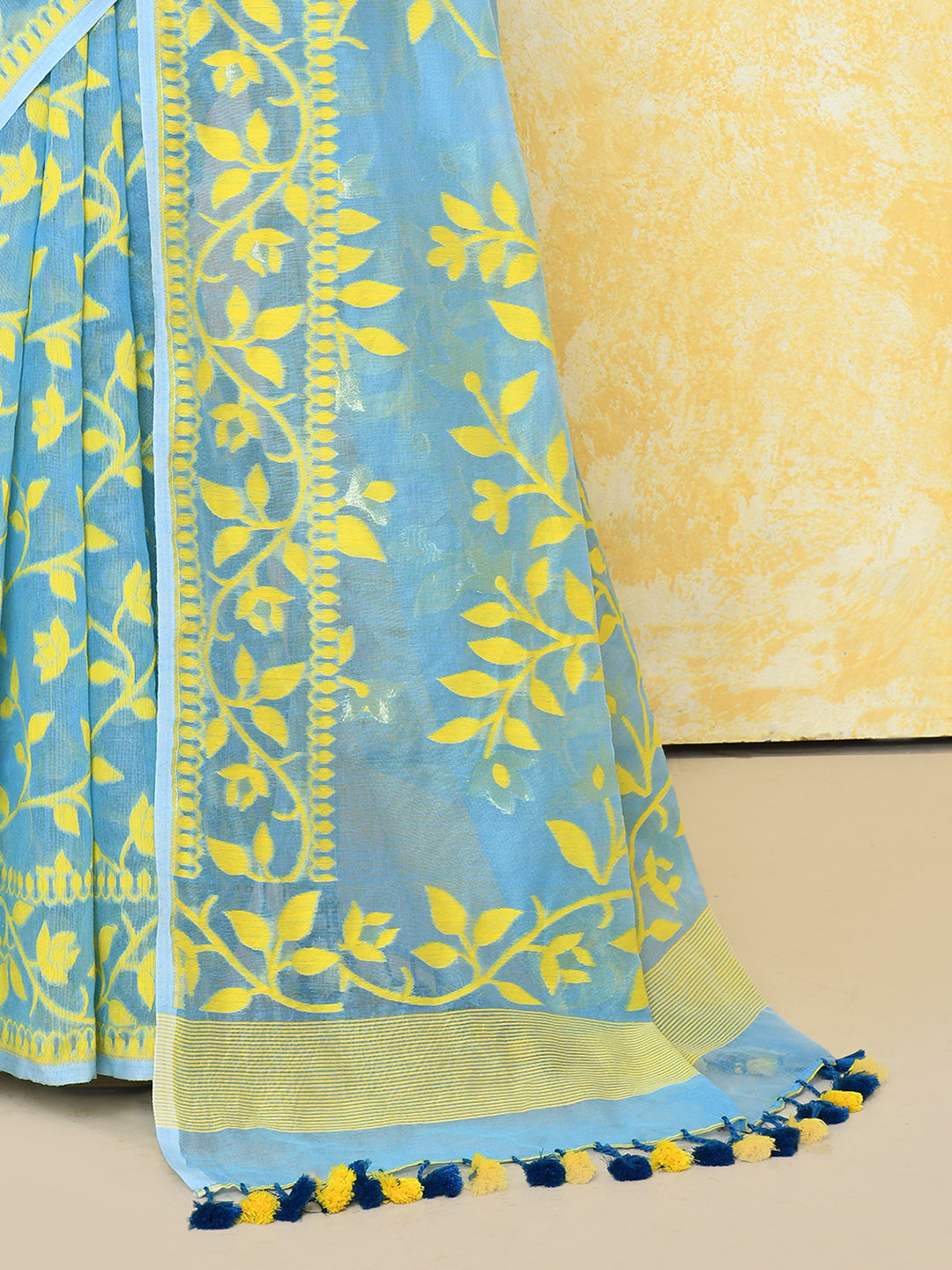 Piyari Fashion Women's Sky Blue Cotton Silk Jamdani Saree