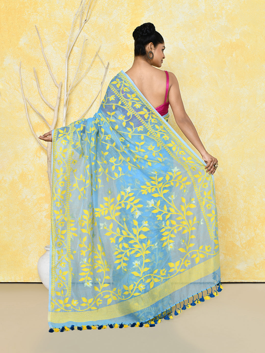 Piyari Fashion Women's Sky Blue Cotton Silk Jamdani Saree