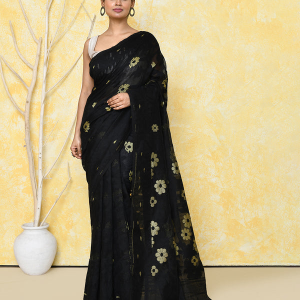 Piyari Fashion Women's Black Cotton Silk Jamdani Saree