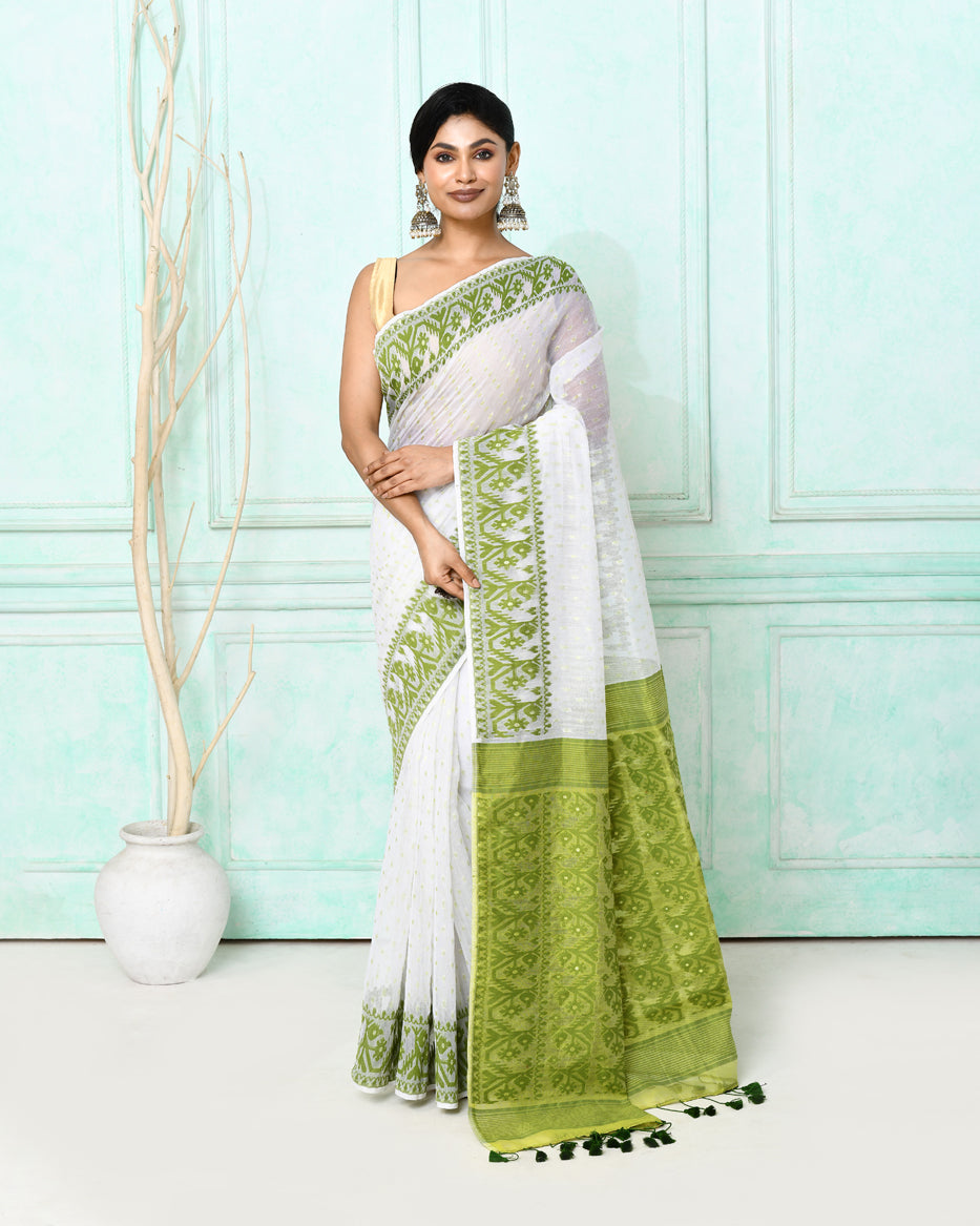 Piyari Fashion Women's White Cotton Silk Jamdani Saree