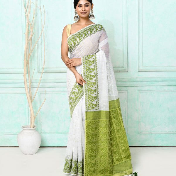 Piyari Fashion Women's White Cotton Silk Jamdani Saree