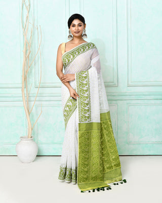 Piyari Fashion Women's White Cotton Silk Jamdani Saree