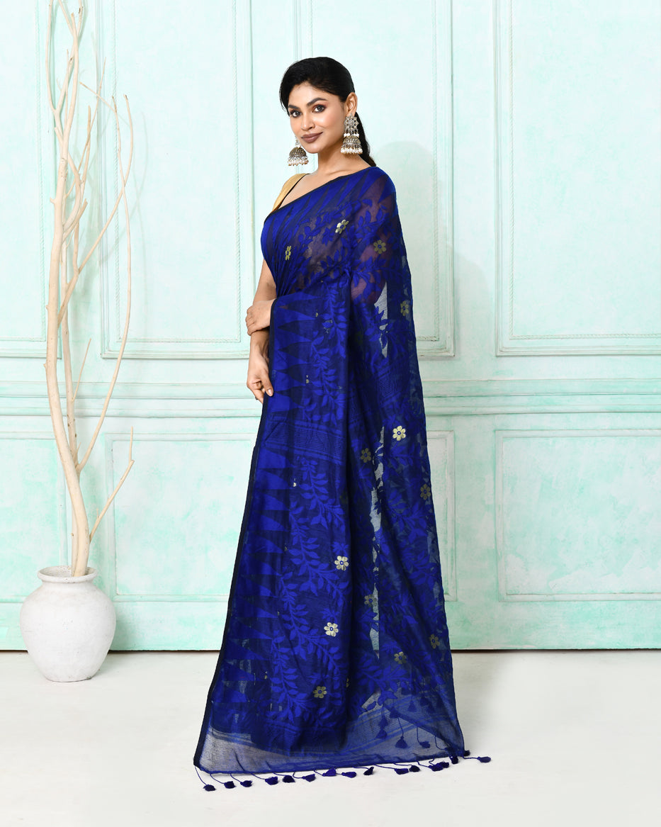 Piyari Fashion Women's Blue Cotton Silk Jamdani Saree