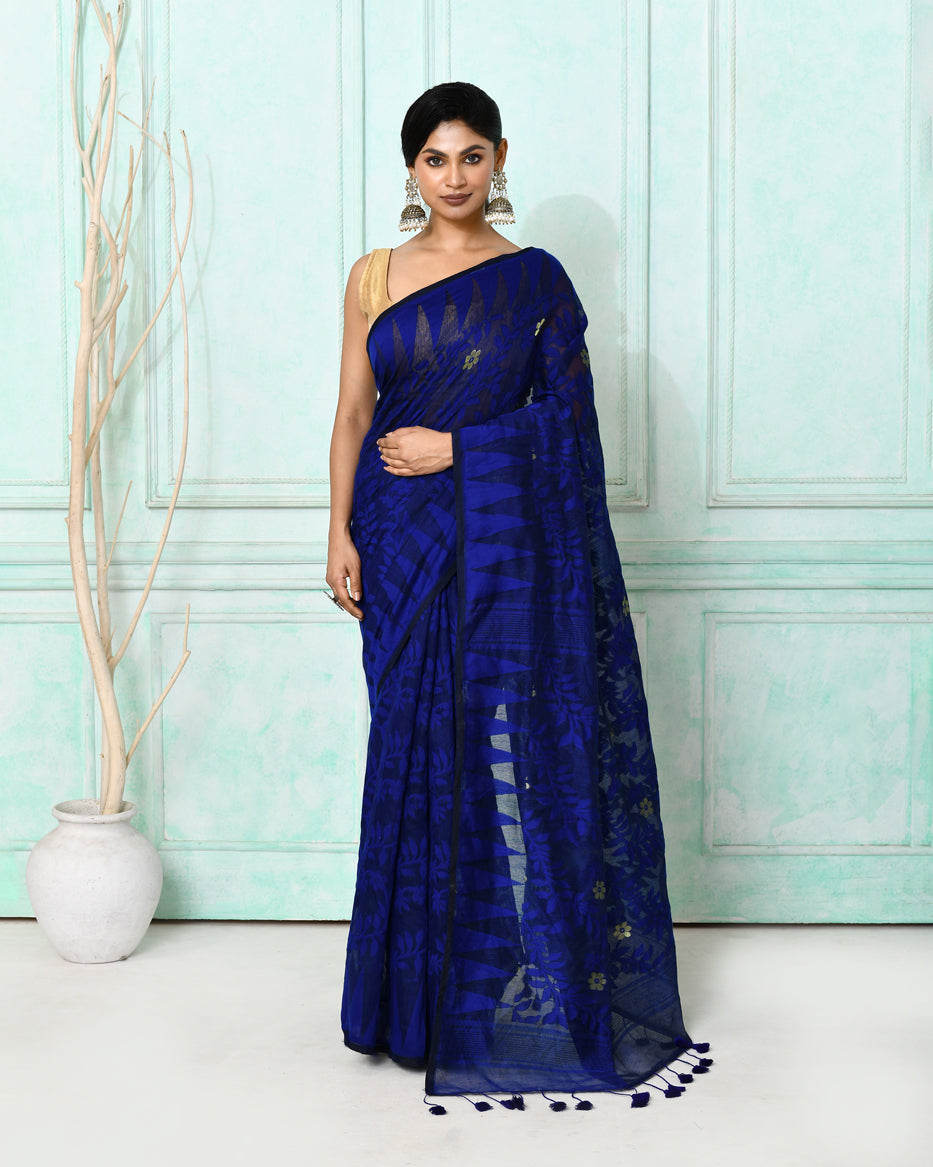 Piyari Fashion Women's Blue Cotton Silk Jamdani Saree