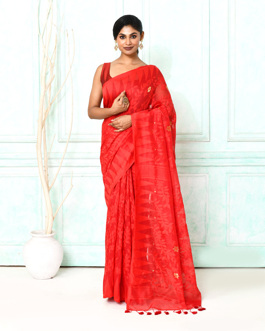 Piyari Fashion Women's Red Cotton Silk Jamdani Saree