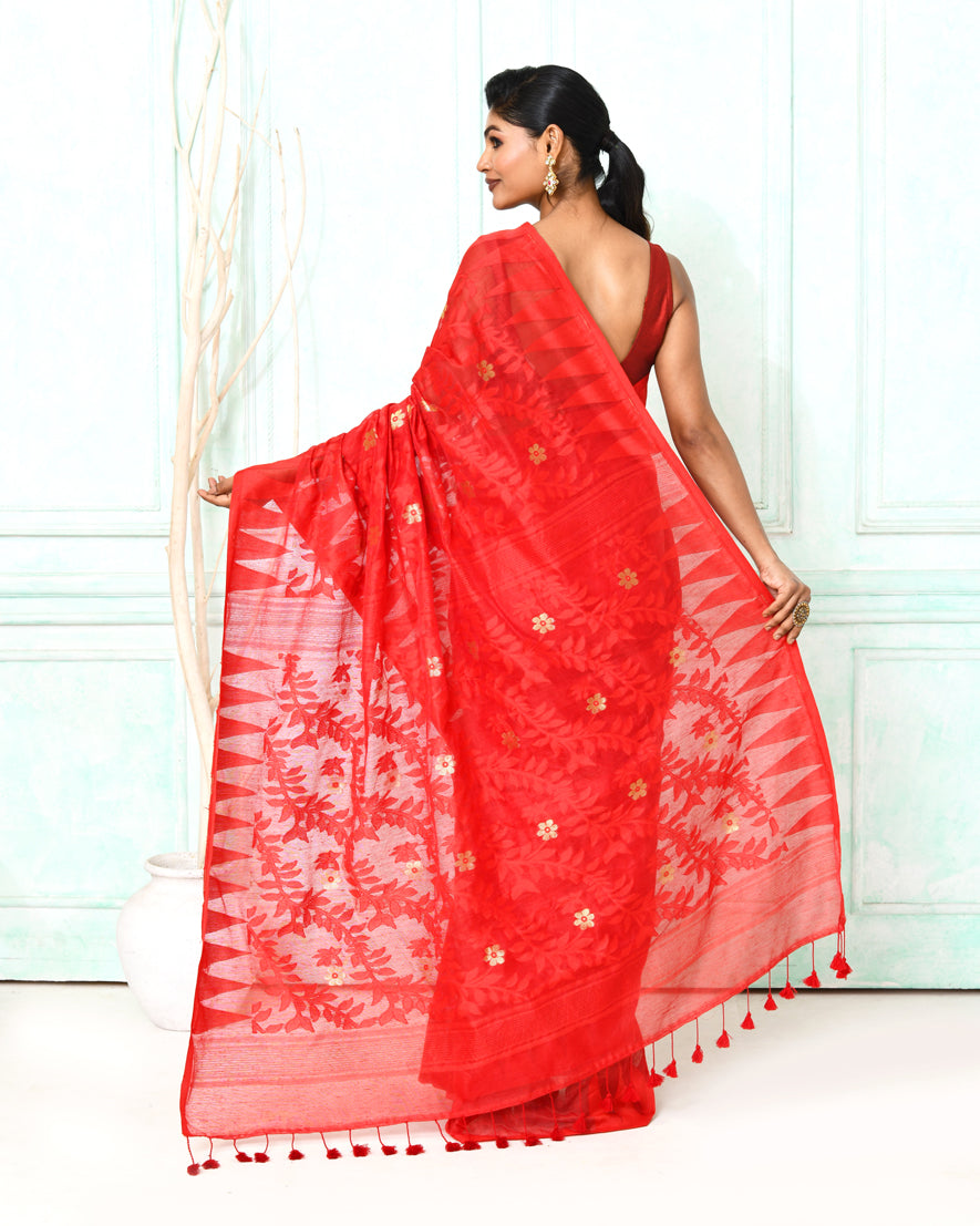 Piyari Fashion Women's Red Cotton Silk Jamdani Saree