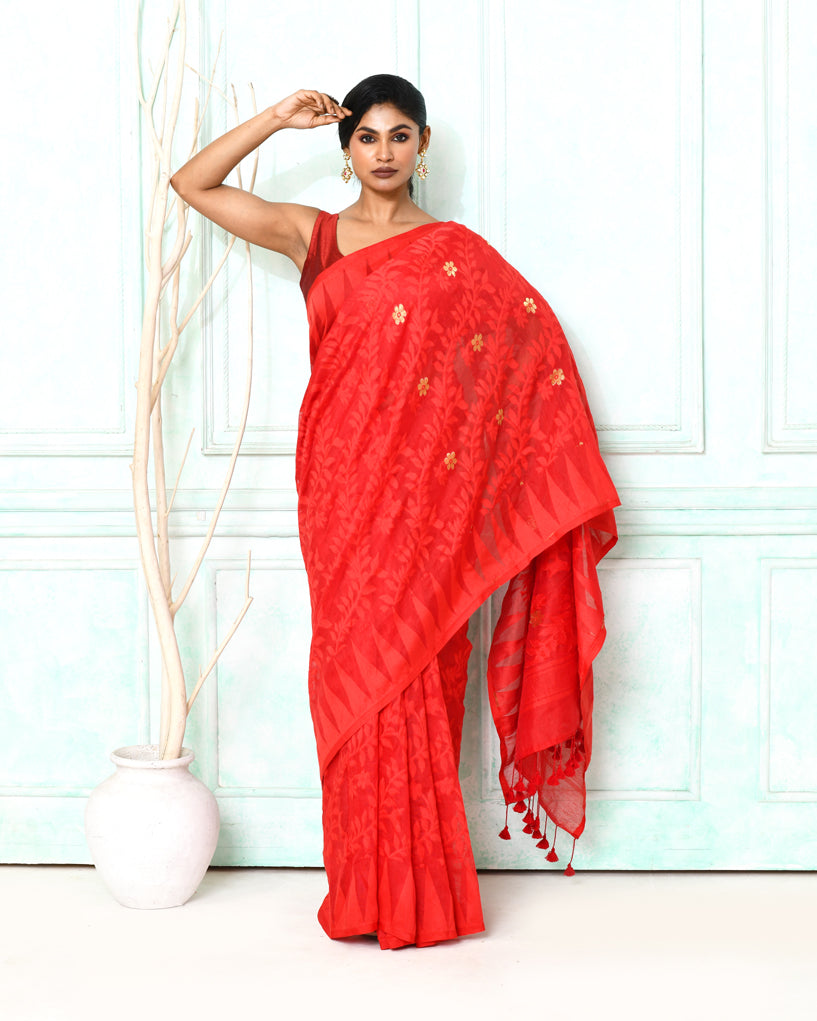 Piyari Fashion Women's Red Cotton Silk Jamdani Saree