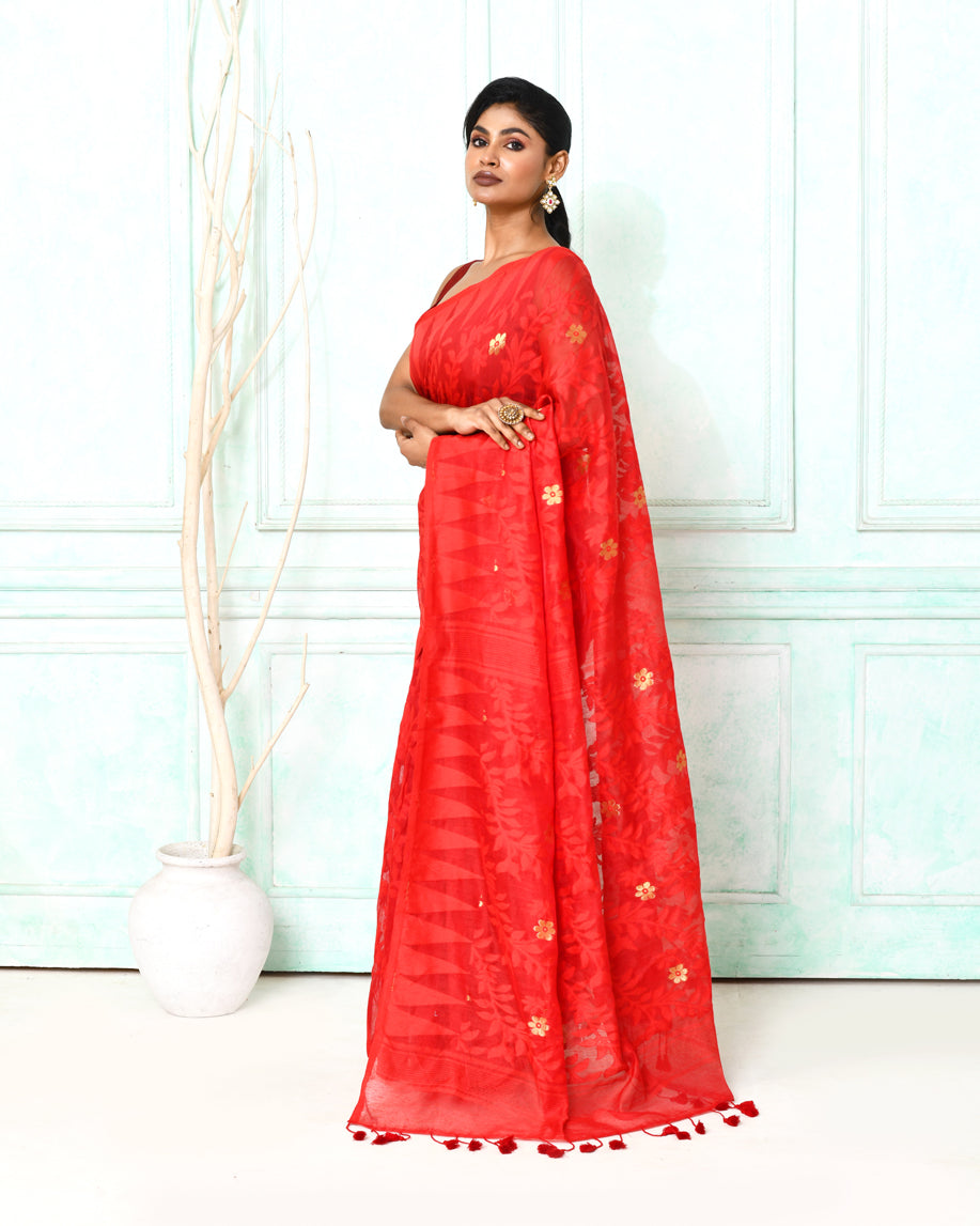 Piyari Fashion Women's Red Cotton Silk Jamdani Saree