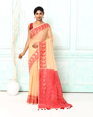 Piyari Fashion Women's Muga Red Cotton Silk Jamdani Saree