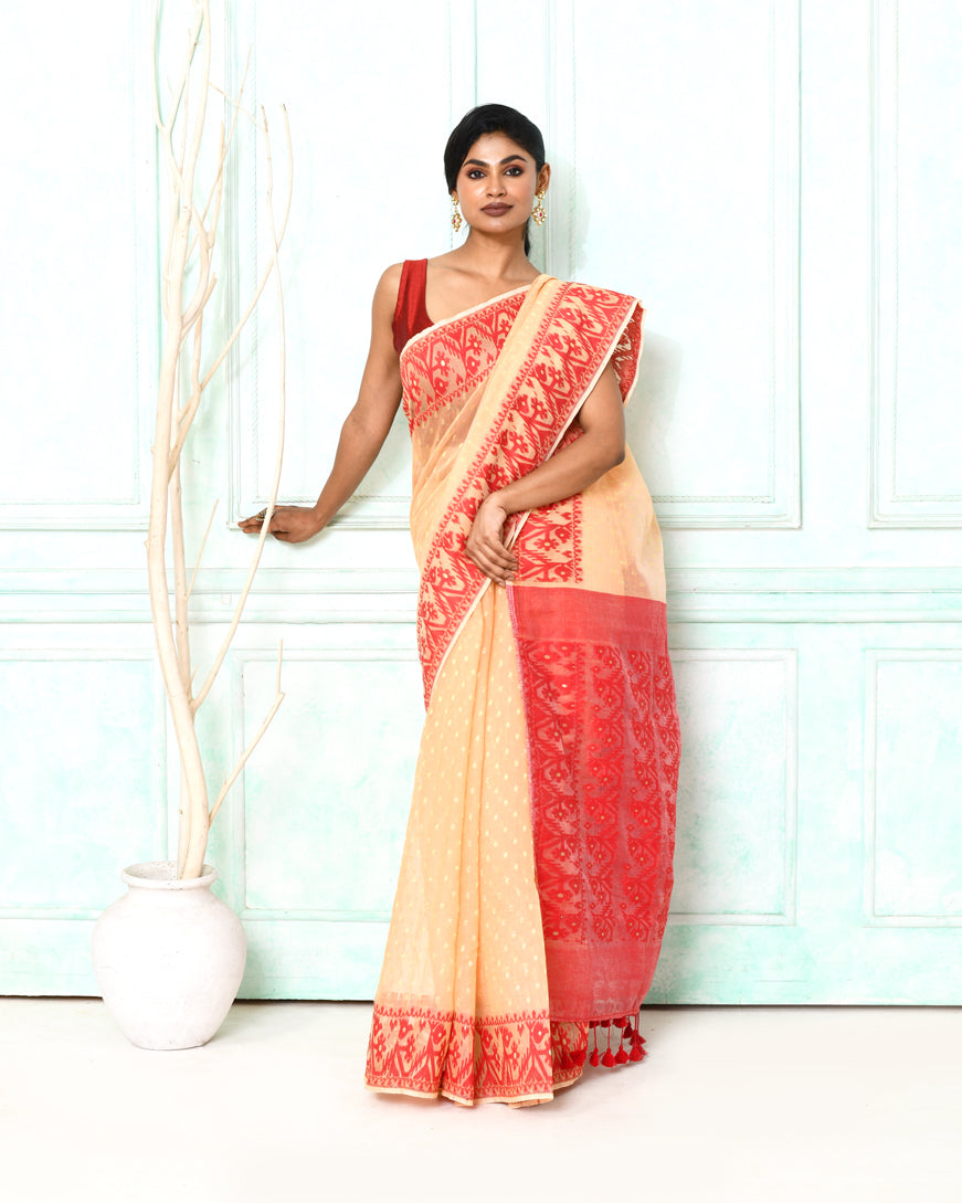 Piyari Fashion Women's Muga Red Cotton Silk Jamdani Saree