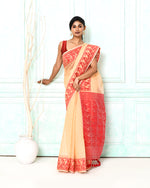 Thumbnail for Piyari Fashion Women's Muga Red Cotton Silk Jamdani Saree