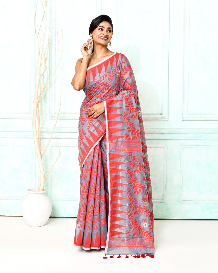 Piyari Fashion Women's Gray Red Cotton Silk Jamdani Saree