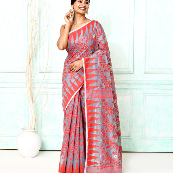 Piyari Fashion Women's Gray Red Cotton Silk Jamdani Saree - Distacart