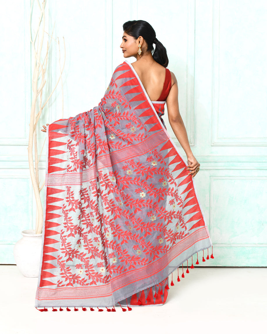 Piyari Fashion Women's Gray Red Cotton Silk Jamdani Saree