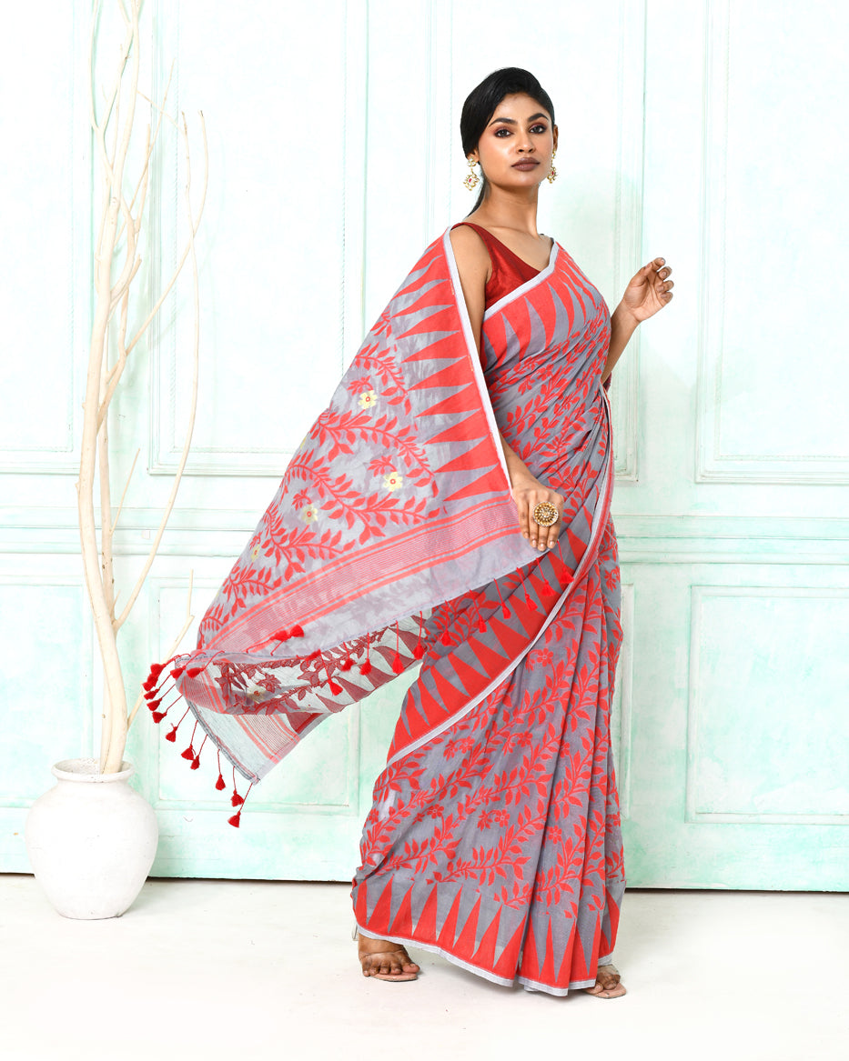 Piyari Fashion Women's Gray Red Cotton Silk Jamdani Saree