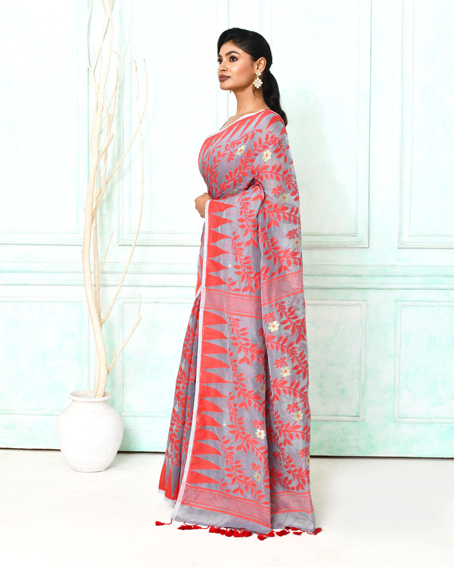 Piyari Fashion Women's Gray Red Cotton Silk Jamdani Saree