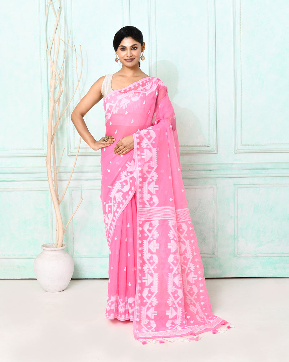 Piyari Fashion Women's Pink Cotton Silk Jamdani Saree