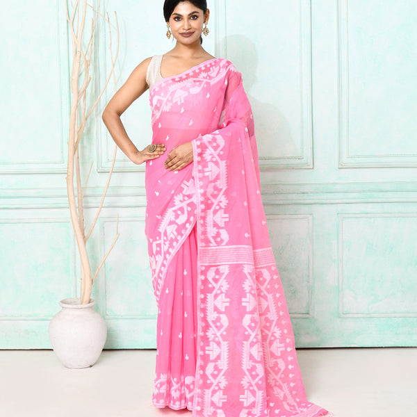 Piyari Fashion Women's Pink Cotton Silk Jamdani Saree