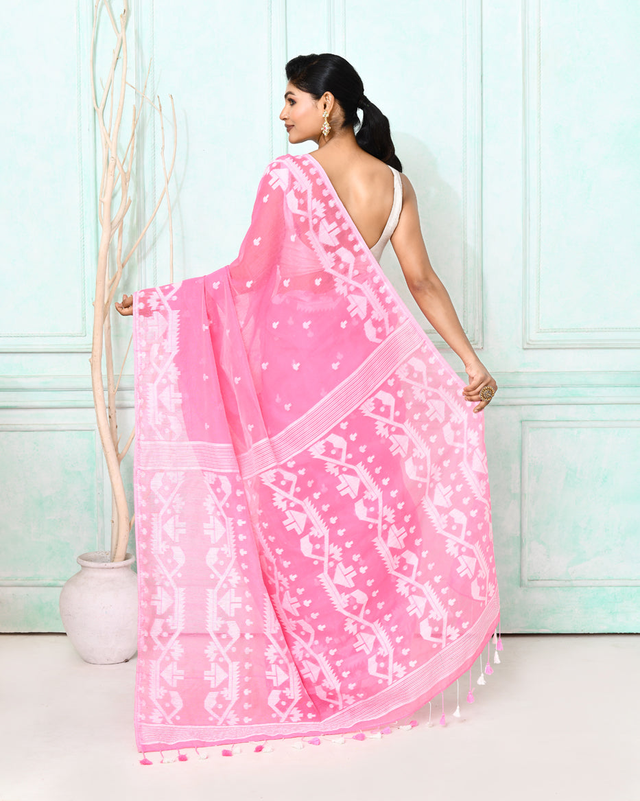 Piyari Fashion Women's Pink Cotton Silk Jamdani Saree