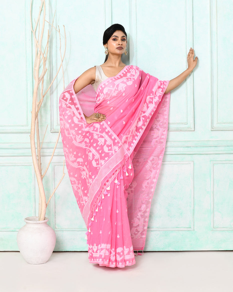 Piyari Fashion Women's Pink Cotton Silk Jamdani Saree