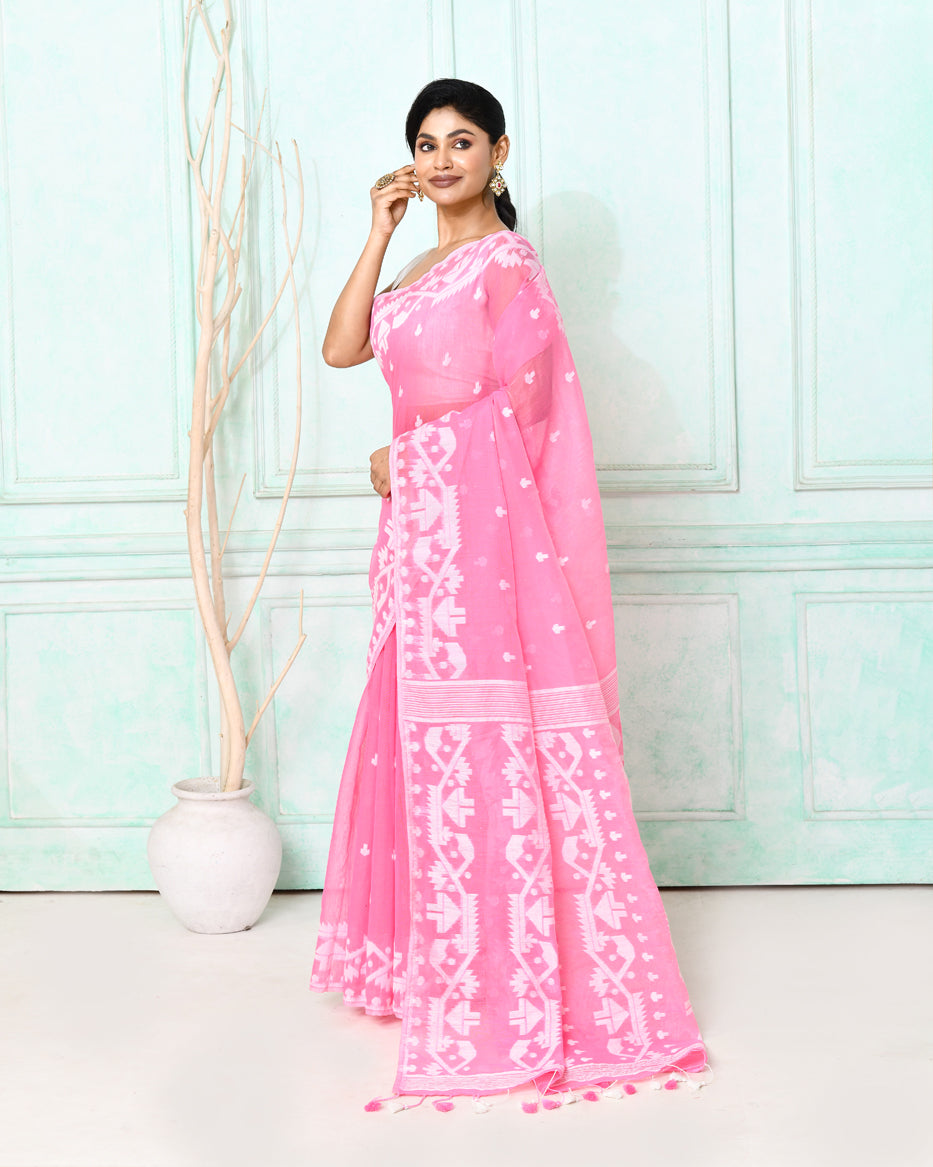 Piyari Fashion Women's Pink Cotton Silk Jamdani Saree