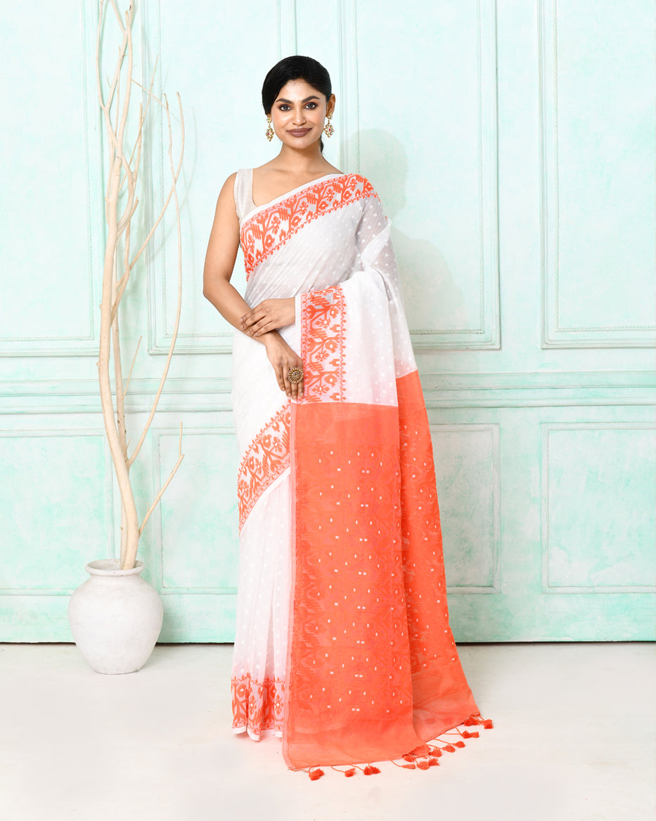 Piyari Fashion Women's White Orange Cotton Silk Jamdani Saree