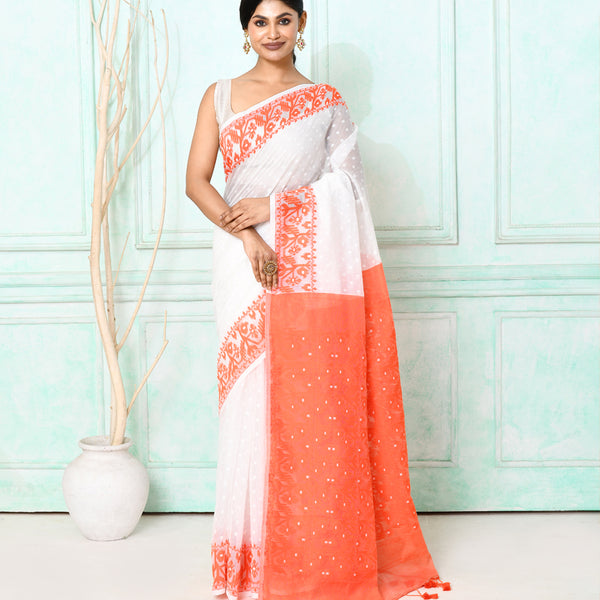 Piyari Fashion Women's White Orange Cotton Silk Jamdani Saree