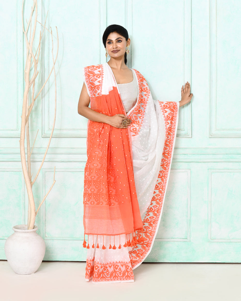 Piyari Fashion Women's White Orange Cotton Silk Jamdani Saree