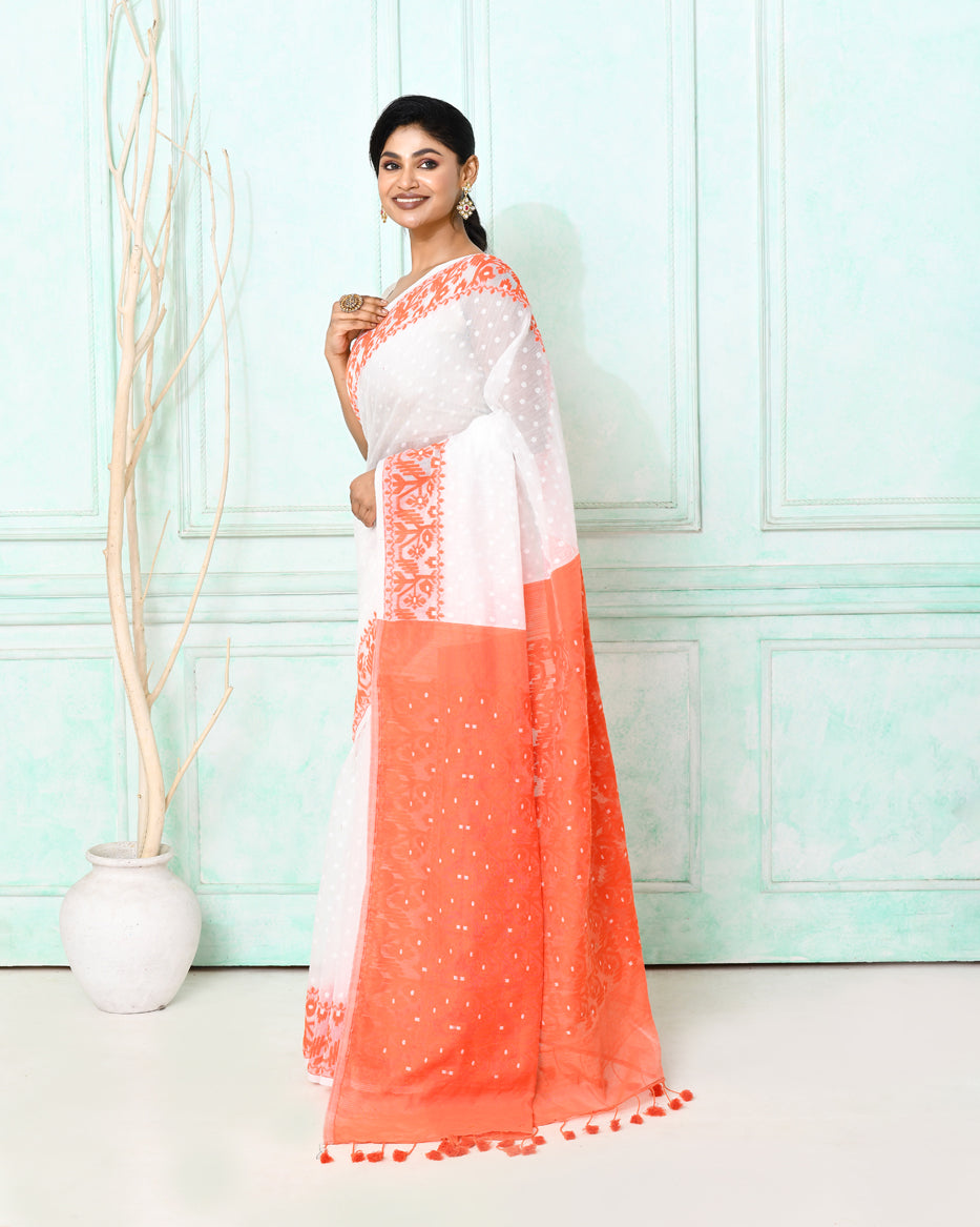 Piyari Fashion Women's White Orange Cotton Silk Jamdani Saree