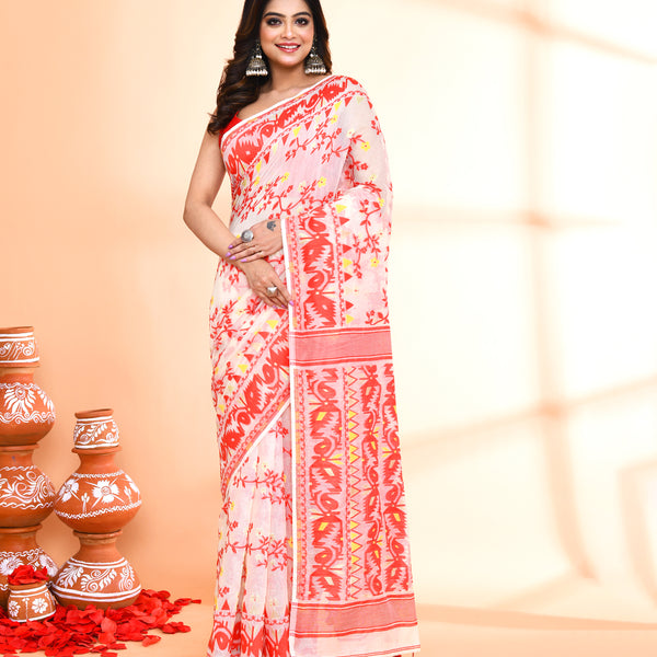 Piyari Fashion Women's Off White Red Cotton Silk Jamdani Saree - Distacart