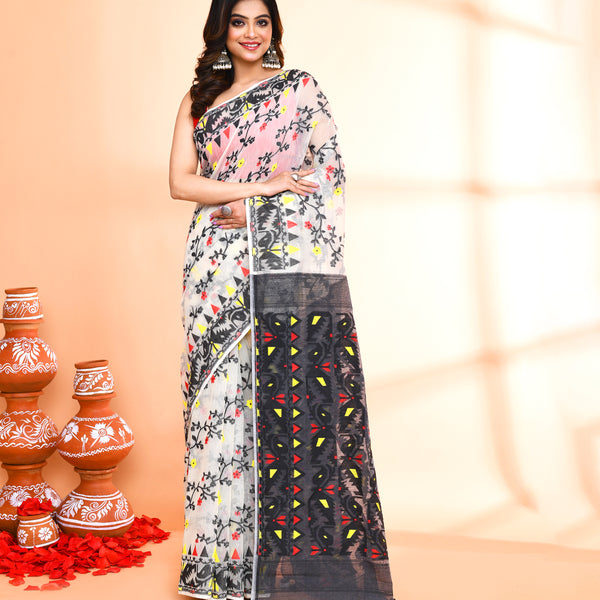 Piyari Fashion Women's Off White Black Cotton Silk Jamdani Saree - Distacart