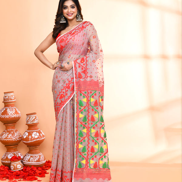 Piyari Fashion Women's Cane Beige Cotton Silk Jamdani Saree - Distacart