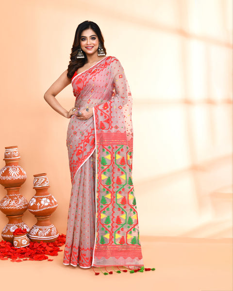 Piyari Fashion Women's Cane Beige Cotton Silk Jamdani Saree